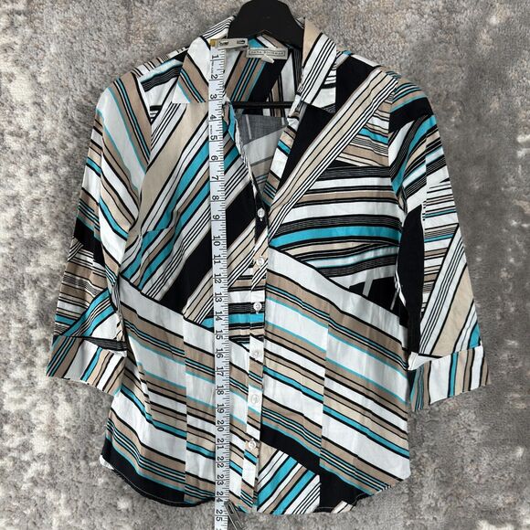Dana Buchman Size S Abstract Striped V Neck Top 3/4 Sleeve Button Shirt Casual - Picture 3 of 10